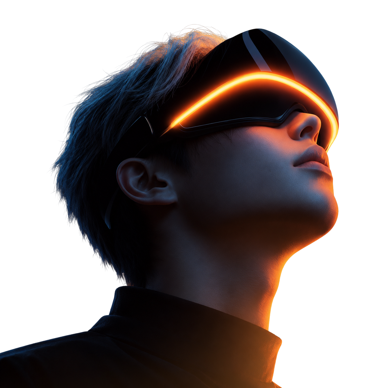 佩戴发光 VR 眼镜的人物，冷蓝侧光与暖金轮廓光交汇